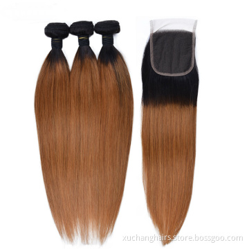 New Product Ombre 1b/30 Human Hair Extensions Raw Indian Hair Bundles With Closure